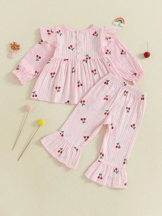 Cute Toddler Girl Autumn Clothes Floral Print Ruffle Sleeve Top High Waist Bell Bottoms 2 Piece Outfit Set