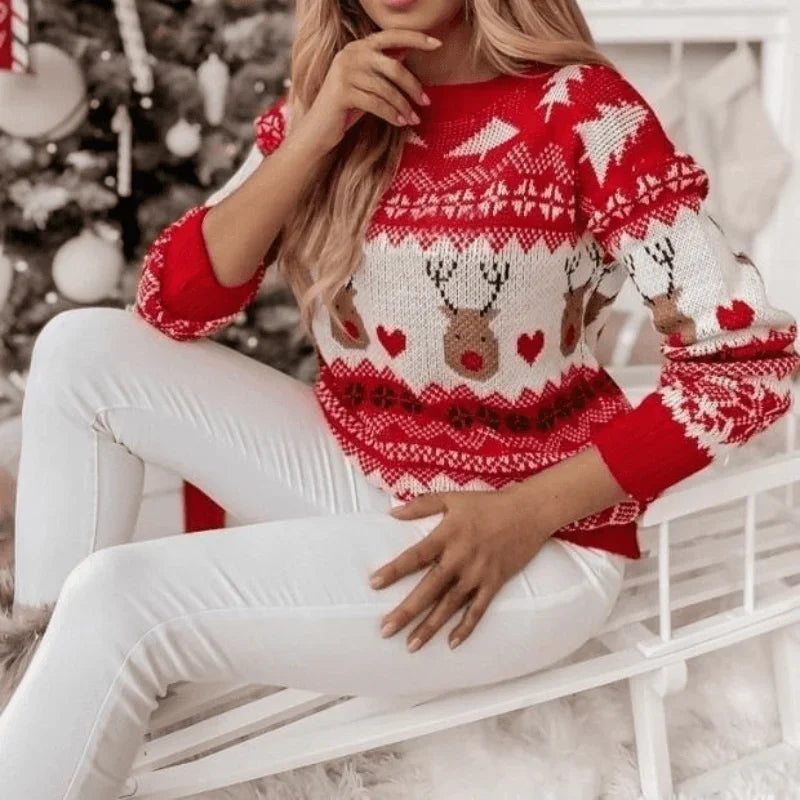 Merry Xmas Look 2025 Winter Women's Christmas Sweater Warm Soft Long Sleeve Knitwear Cute Elk Print Jumpers Female Pullover Top