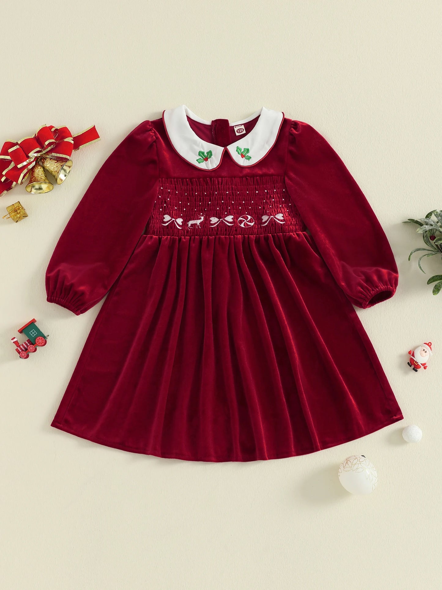 Toddler Red Plaid Christmas Dress with Bow and Reindeer Embroidery Smocked Long Sleeve Doll Collar Winter Outfit Adorable