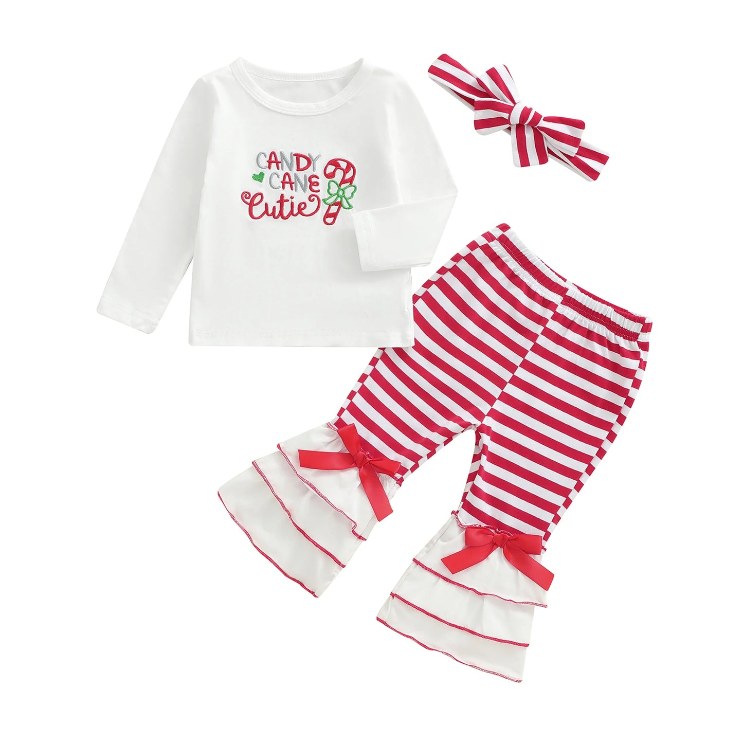 Girls Christmas Outfit Set Red Plaid Ruffle Sleeve Top and Pants with Bow Headband Holiday Clothes for Toddler Kids