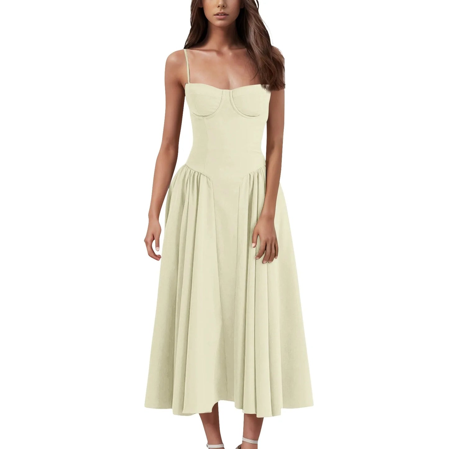 Women's Fashionable Solid Color Floral Retro Court  Dopamine Suspender Pocket Dress