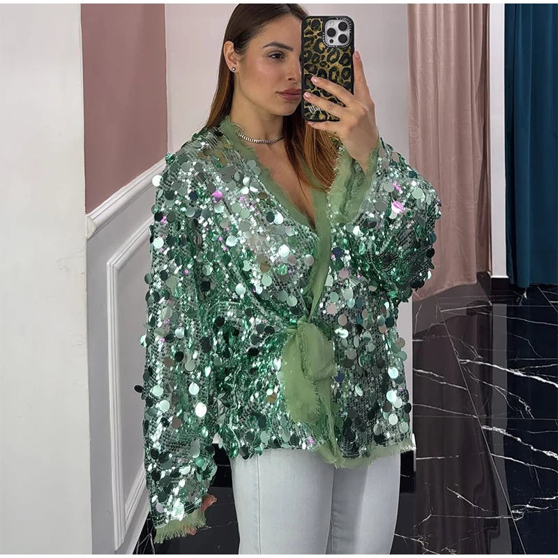 Fashion Sparkling Beaded Short Loose Jacket Elegant V Neck Long Sleeve Lace Up Cardigans 2025 Spring Female Elegant Streetwear